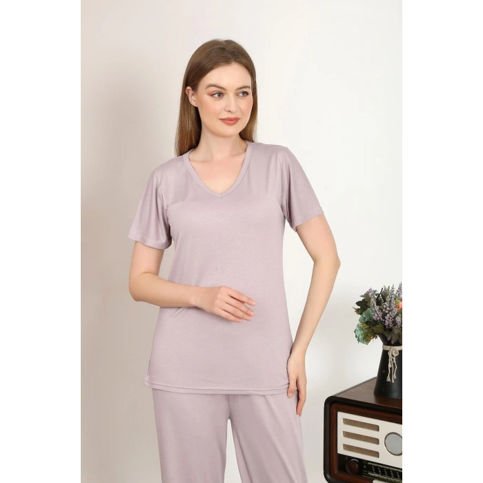 MARSiLYAN- Kadın Kısa Kol Pamuk Penye Pijama Takım Pudra