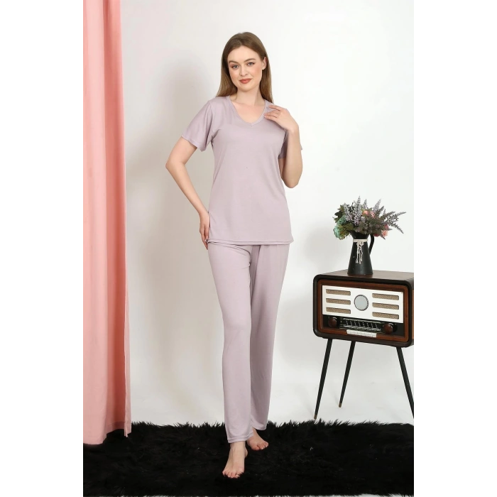 MARSiLYAN- Kadın Kısa Kol Pamuk Penye Pijama Takım Pudra