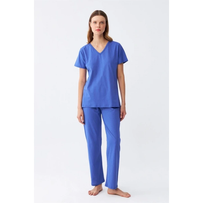 MARSiLYAN- Kadın Kısa Kol Pamuk Penye Pijama Takım Saks