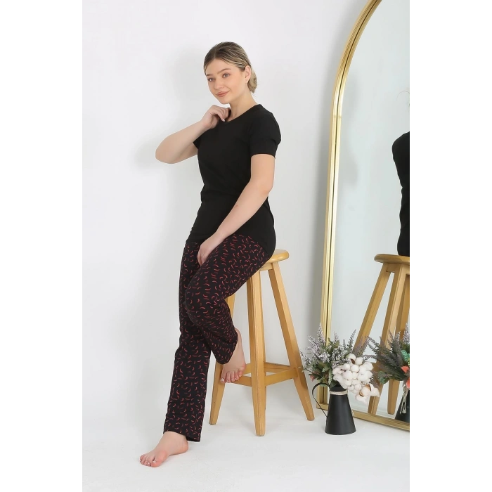 MARSiLYAN- Kadın Kısa Kol Pamuk Penye Pijama Takım Siyah