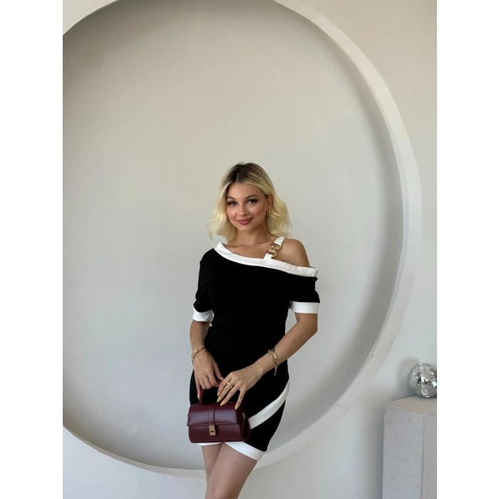 MARSiLYAN- Kadın Kısa Kollu Asimetrik Kesim Yaka şerit Ve Aksesuar Detaylı Modal Elbise