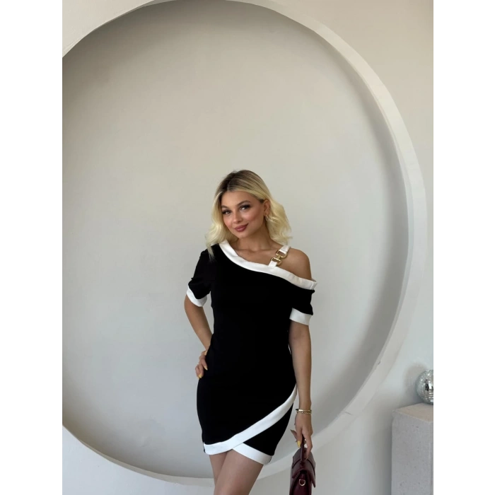 MARSiLYAN- Kadın Kısa Kollu Asimetrik Kesim Yaka şerit Ve Aksesuar Detaylı Modal Elbise