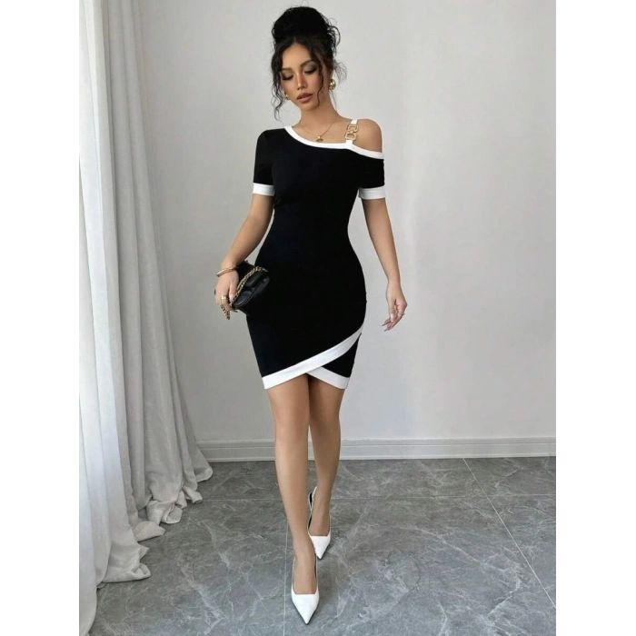 MARSiLYAN- Kadın Kısa Kollu Asimetrik Kesim Yaka şerit Ve Aksesuar Detaylı Modal Elbise