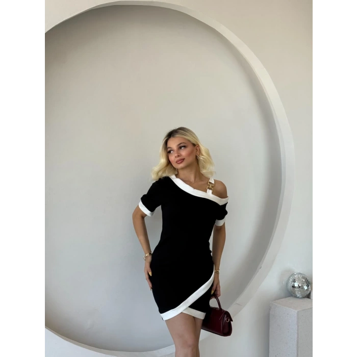 MARSiLYAN- Kadın Kısa Kollu Asimetrik Kesim Yaka şerit Ve Aksesuar Detaylı Modal Elbise