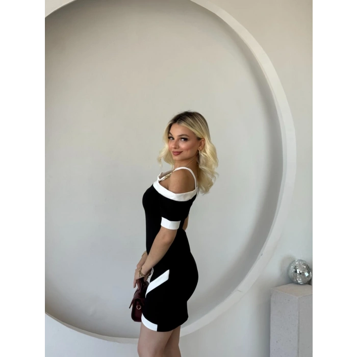 MARSiLYAN- Kadın Kısa Kollu Asimetrik Kesim Yaka şerit Ve Aksesuar Detaylı Modal Elbise