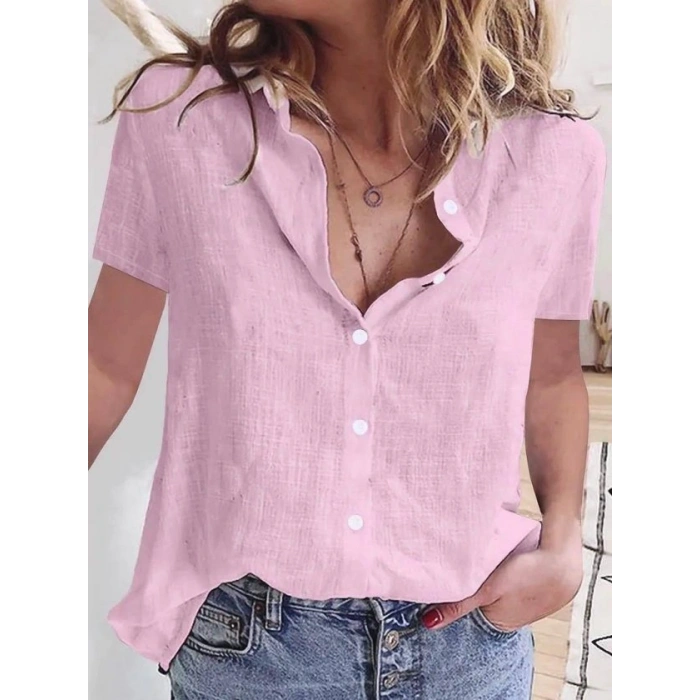 MARSiLYAN- Kadın Kısa Kollu Basic Keten Gömlek