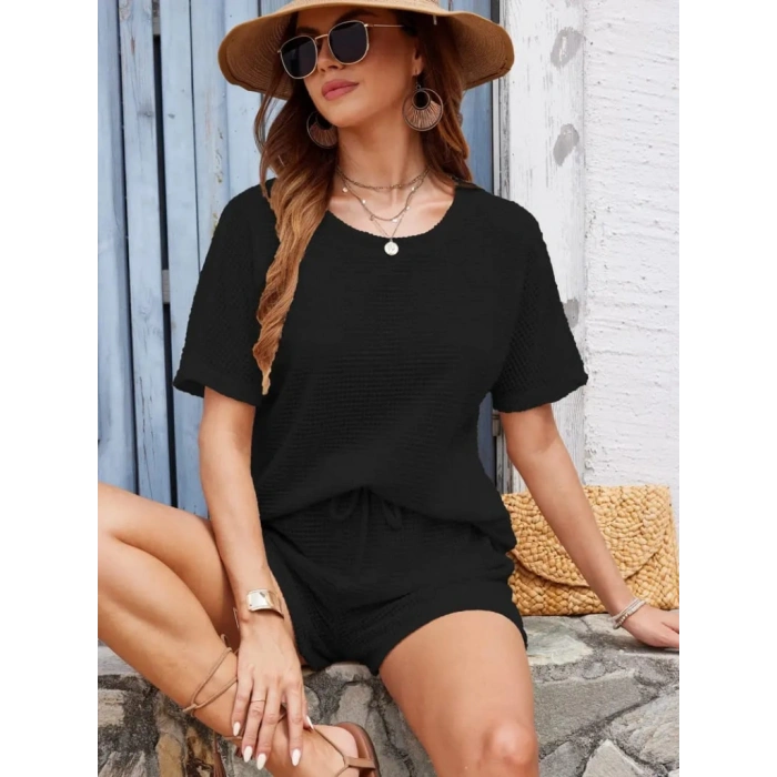 MARSiLYAN- Kadın Kısa Kollu Bisiklet Yaka Alt Ve üst Waffle Ikili Takım