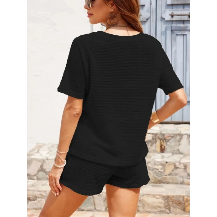 MARSiLYAN- Kadın Kısa Kollu Bisiklet Yaka Alt Ve üst Waffle Ikili Takım