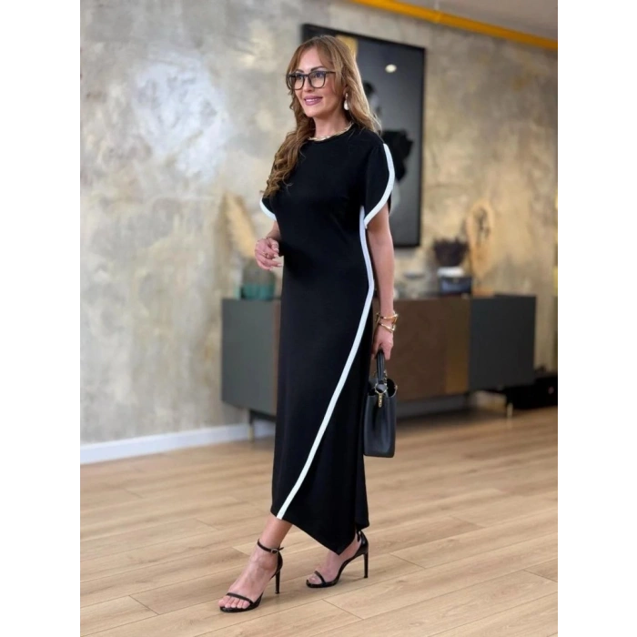 MARSiLYAN- Kadın Kısa Kollu Bisiklet Yaka çift şerit Renk Detaylı Asimetrik Kesim Viskon Iki Iplik Elbise