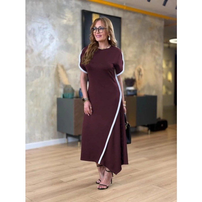 MARSiLYAN- Kadın Kısa Kollu Bisiklet Yaka çift şerit Renk Detaylı Asimetrik Kesim Viskon Iki Iplik Elbise