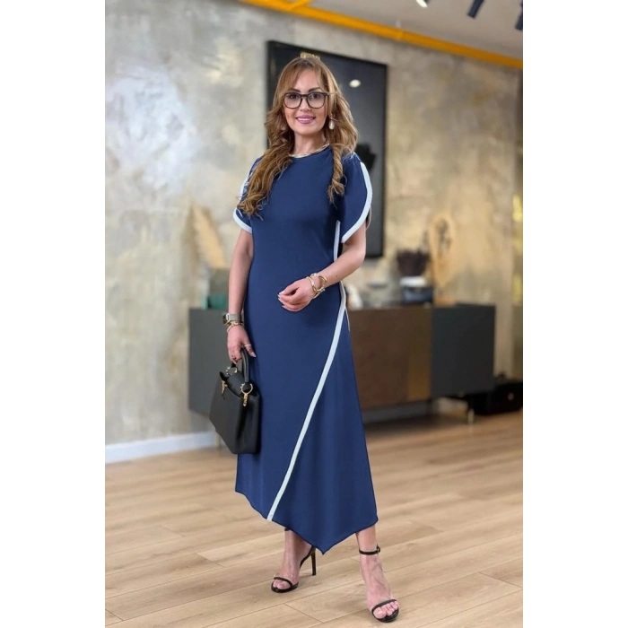 MARSiLYAN- Kadın Kısa Kollu Bisiklet Yaka çift şerit Renk Detaylı Asimetrik Kesim Viskon Iki Iplik Elbise