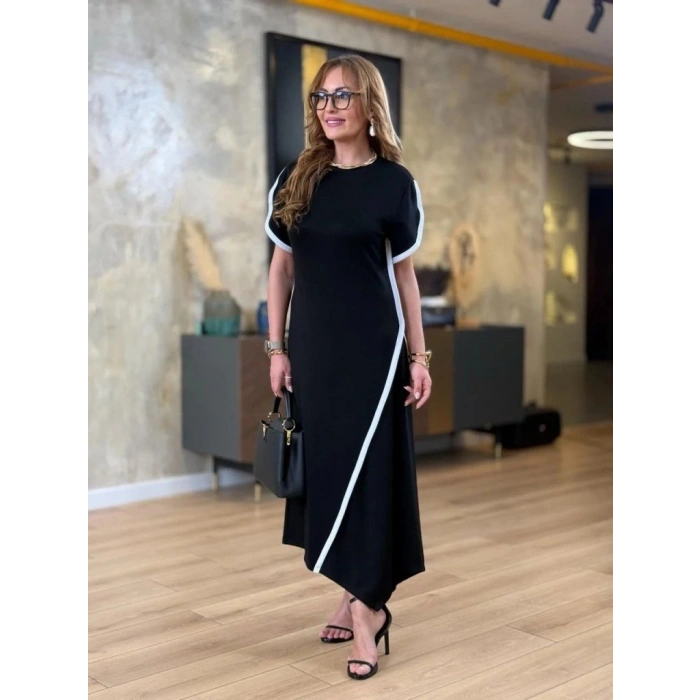 MARSiLYAN- Kadın Kısa Kollu Bisiklet Yaka çift şerit Renk Detaylı Asimetrik Kesim Viskon Iki Iplik Elbise