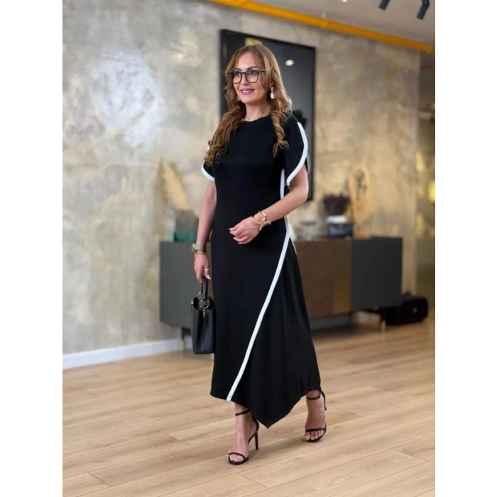 MARSiLYAN- Kadın Kısa Kollu Bisiklet Yaka çift şerit Renk Detaylı Asimetrik Kesim Viskon Iki Iplik Elbise