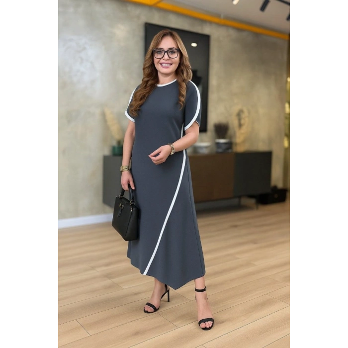 MARSiLYAN- Kadın Kısa Kollu Bisiklet Yaka çift şerit Renk Detaylı Asimetrik Kesim Viskon Iki Iplik Elbise