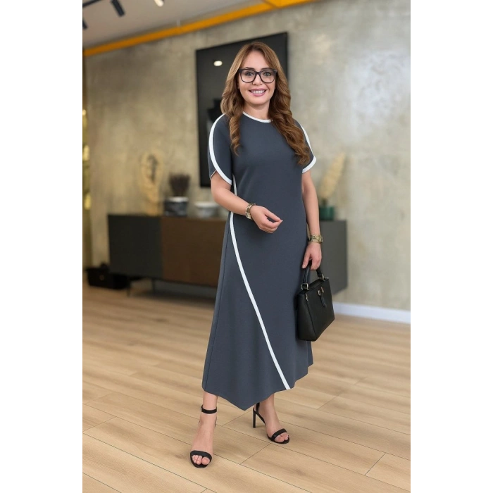 MARSiLYAN- Kadın Kısa Kollu Bisiklet Yaka çift şerit Renk Detaylı Asimetrik Kesim Viskon Iki Iplik Elbise