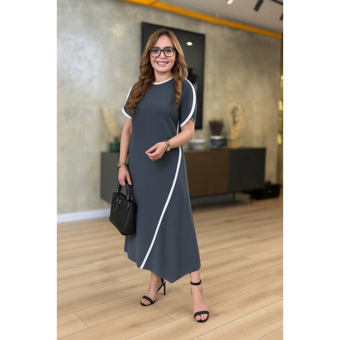 MARSiLYAN- Kadın Kısa Kollu Bisiklet Yaka çift şerit Renk Detaylı Asimetrik Kesim Viskon Iki Iplik Elbise