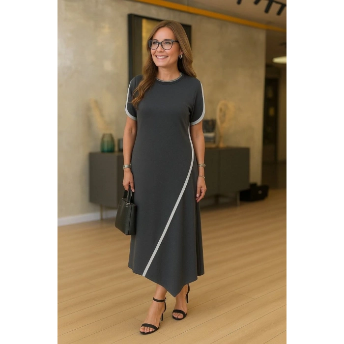 MARSiLYAN- Kadın Kısa Kollu Bisiklet Yaka çift şerit Renk Detaylı Asimetrik Kesim Viskon Iki Iplik Elbise