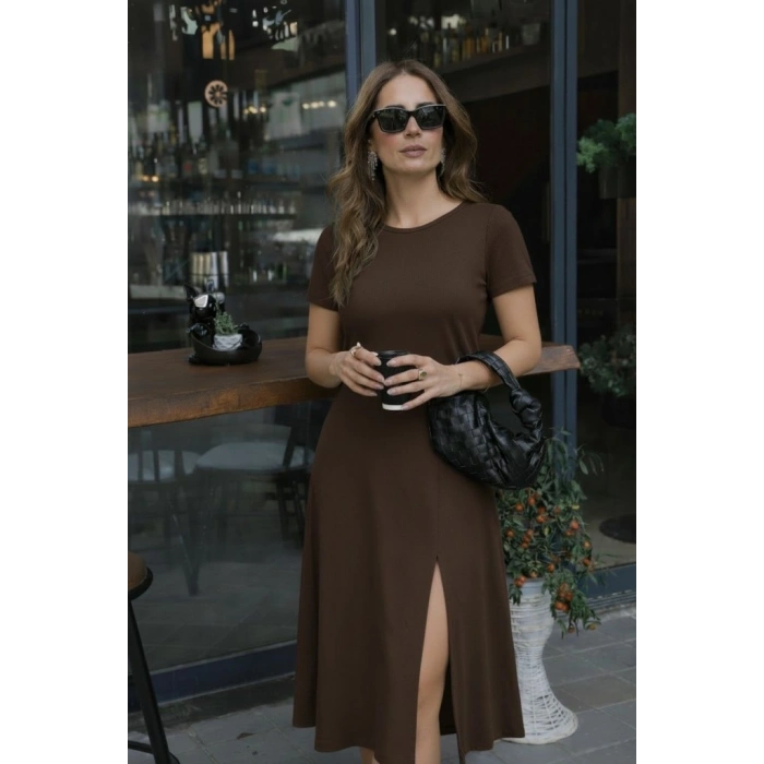 MARSiLYAN- Kadın Kısa Kollu Bisiklet Yaka Derin Yırtmaç Detay Viskon Elbise