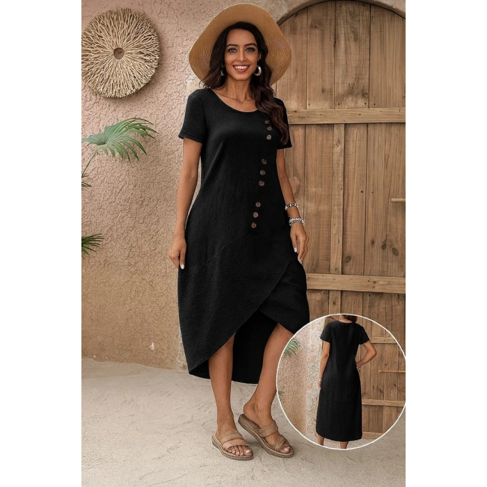 MARSiLYAN- Kadın Kısa Kollu Bisiklet Yaka Düğme Detay Müslim Elbise