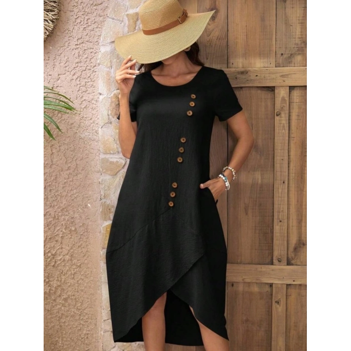 MARSiLYAN- Kadın Kısa Kollu Bisiklet Yaka Düğme Detay Müslim Elbise