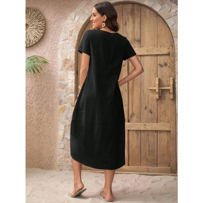 MARSiLYAN- Kadın Kısa Kollu Bisiklet Yaka Düğme Detay Müslim Elbise