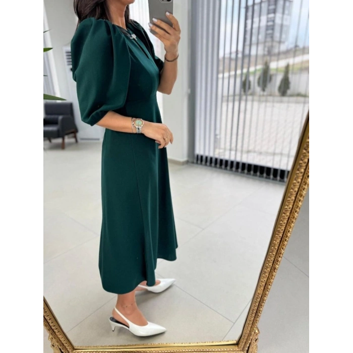 MARSiLYAN- Kadın Kısa Kollu Bisiklet Yaka Fiyonk Broşlu Midi Janjan Krep Elbise