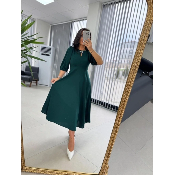 MARSiLYAN- Kadın Kısa Kollu Bisiklet Yaka Fiyonk Broşlu Midi Janjan Krep Elbise