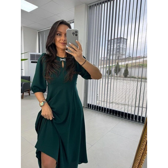 MARSiLYAN- Kadın Kısa Kollu Bisiklet Yaka Fiyonk Broşlu Midi Janjan Krep Elbise