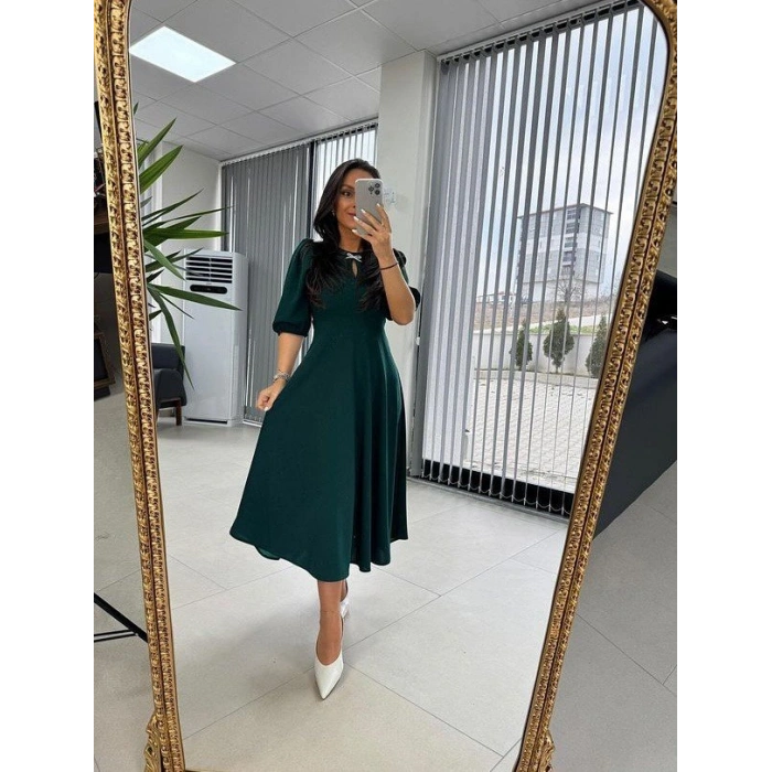 MARSiLYAN- Kadın Kısa Kollu Bisiklet Yaka Fiyonk Broşlu Midi Janjan Krep Elbise