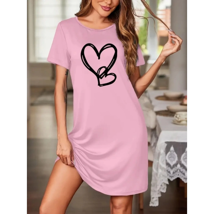 MARSiLYAN- Kadın Kısa Kollu Bisiklet Yaka Kalp Desenli Viskon Elbise