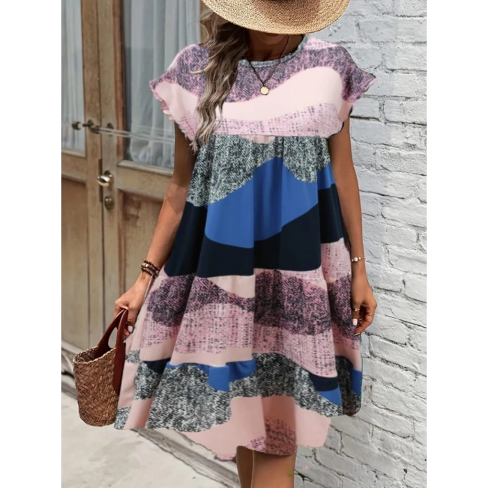 MARSiLYAN- Kadın Kısa Kollu Bisiklet Yaka Kare Desenli Dalgıç Elbise