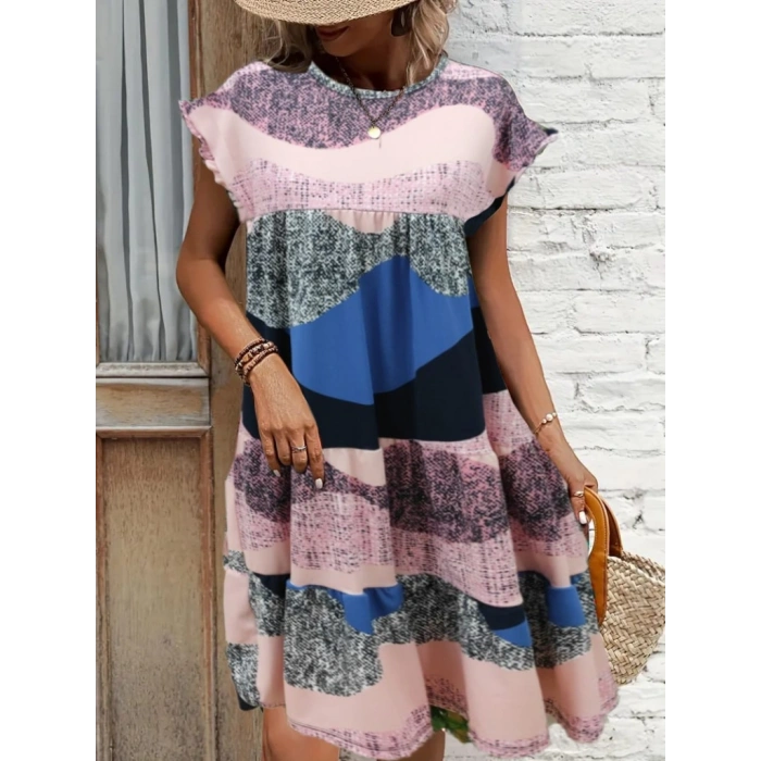 MARSiLYAN- Kadın Kısa Kollu Bisiklet Yaka Kare Desenli Dalgıç Elbise