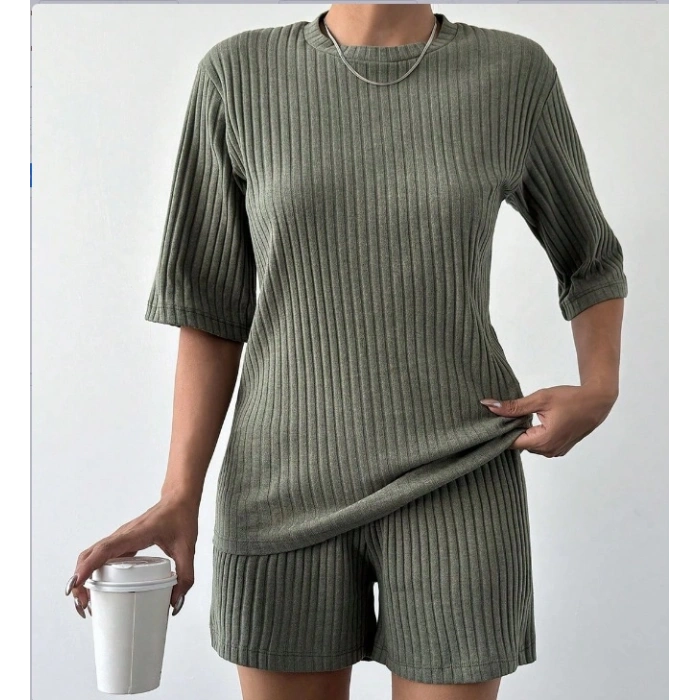 MARSiLYAN- Kadın Kısa Kollu Bisiklet Yaka Kaşkorse Bluz şort Ikili Takım