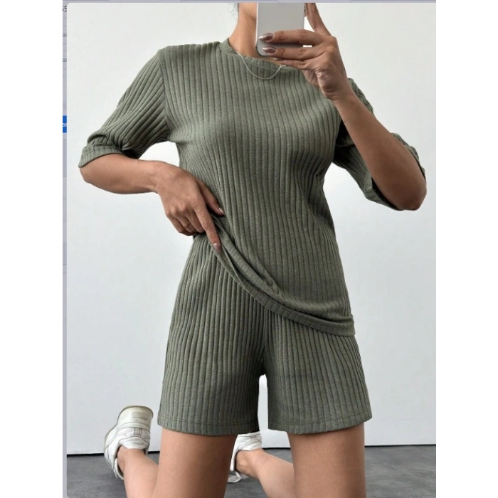 MARSiLYAN- Kadın Kısa Kollu Bisiklet Yaka Kaşkorse Bluz şort Ikili Takım