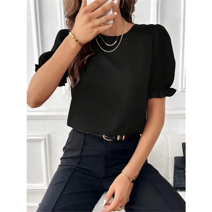 MARSiLYAN- Kadın Kısa Kollu Bisiklet Yaka Kolları Gipeli Ithal Krep Bluz