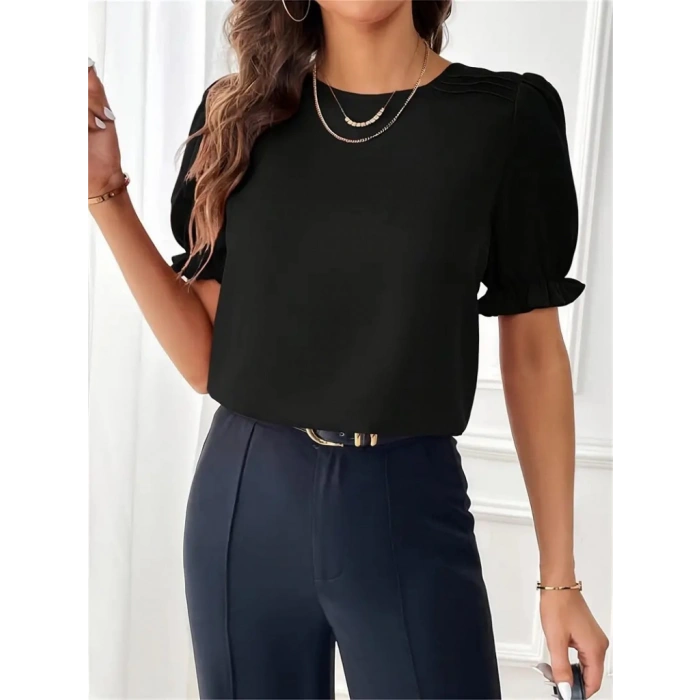 MARSiLYAN- Kadın Kısa Kollu Bisiklet Yaka Kolları Gipeli Ithal Krep Bluz