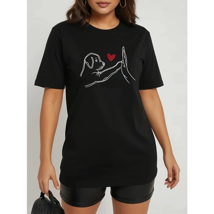 MARSiLYAN- Kadın Kısa Kollu Bisiklet Yaka Köpek Baskılı Viskon Bluz