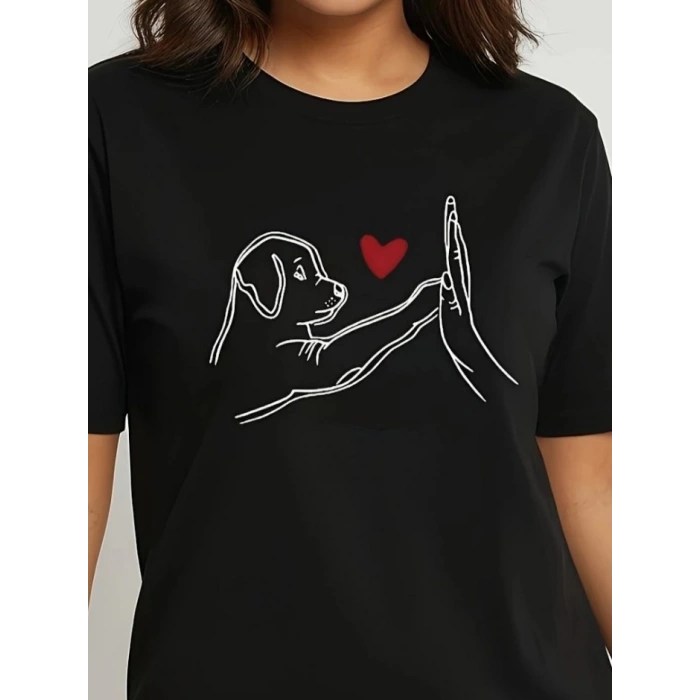 MARSiLYAN- Kadın Kısa Kollu Bisiklet Yaka Köpek Baskılı Viskon Bluz