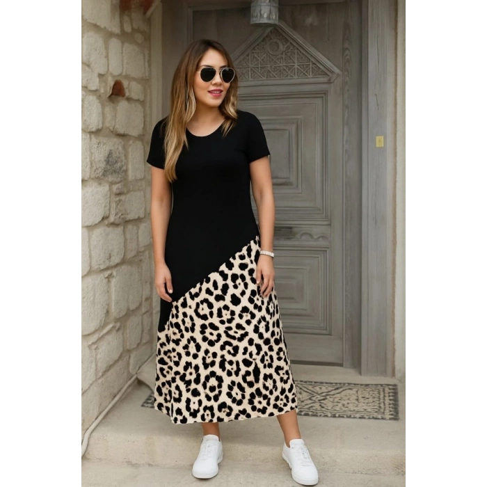 MARSiLYAN- Kadın Kısa Kollu Bisiklet Yaka Leopar Detaylı Midi üst Viskon Alt Süprem Elbise