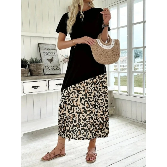 MARSiLYAN- Kadın Kısa Kollu Bisiklet Yaka Leopar Detaylı Midi üst Viskon Alt Süprem Elbise