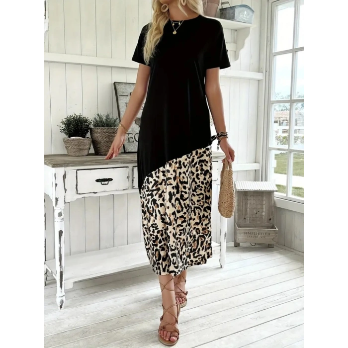 MARSiLYAN- Kadın Kısa Kollu Bisiklet Yaka Leopar Detaylı Midi üst Viskon Alt Süprem Elbise
