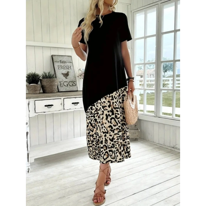 MARSiLYAN- Kadın Kısa Kollu Bisiklet Yaka Leopar Detaylı Midi üst Viskon Alt Süprem Elbise