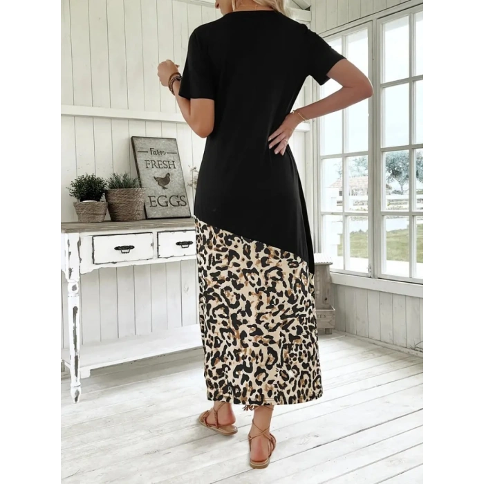 MARSiLYAN- Kadın Kısa Kollu Bisiklet Yaka Leopar Detaylı Midi üst Viskon Alt Süprem Elbise