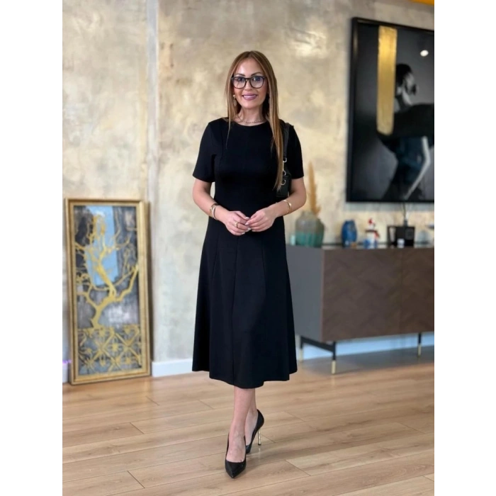 MARSiLYAN- Kadın Kısa Kollu Bisiklet Yaka Midi Viskon Iki Iplik Elbise