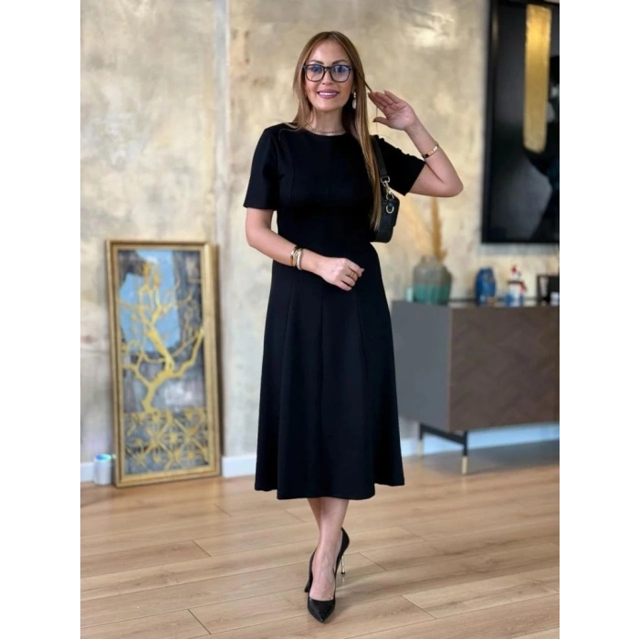 MARSiLYAN- Kadın Kısa Kollu Bisiklet Yaka Midi Viskon Iki Iplik Elbise