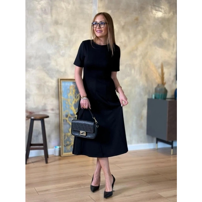 MARSiLYAN- Kadın Kısa Kollu Bisiklet Yaka Midi Viskon Iki Iplik Elbise