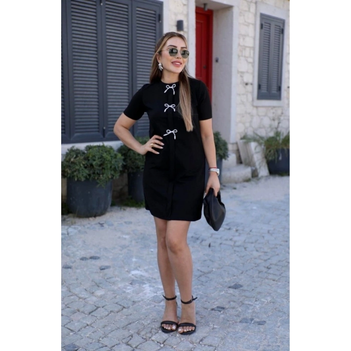 MARSiLYAN- Kadın Kısa Kollu Bisiklet Yaka önden Fiyonk Detaylı Ithal Krep Elbise