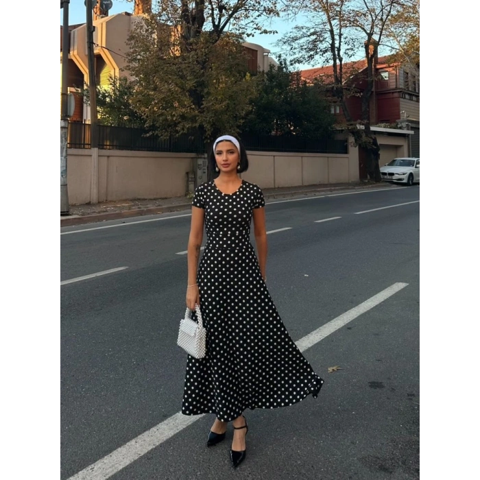 MARSiLYAN- Kadın Kısa Kollu Bisiklet Yaka Puantiyeli Maksi örme Krep Elbise