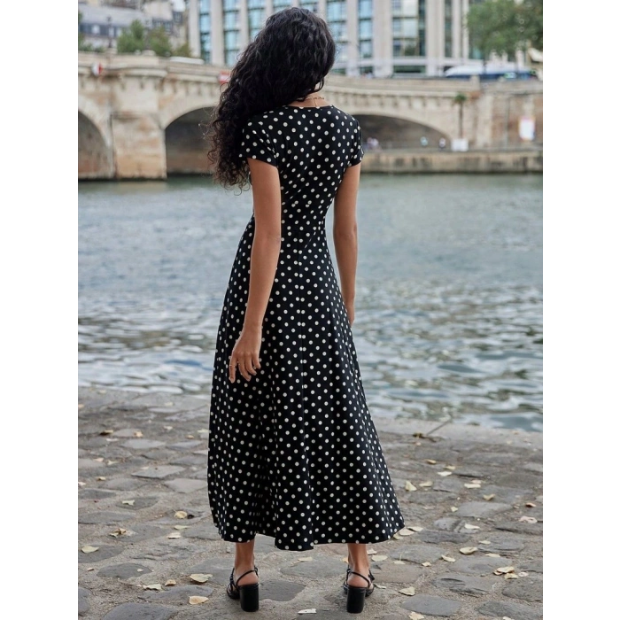 MARSiLYAN- Kadın Kısa Kollu Bisiklet Yaka Puantiyeli Maksi örme Krep Elbise