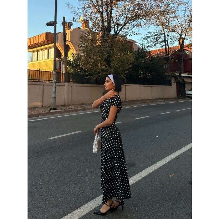 MARSiLYAN- Kadın Kısa Kollu Bisiklet Yaka Puantiyeli Maksi örme Krep Elbise